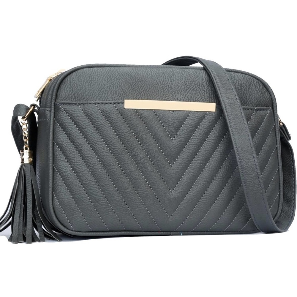 Chevron Quilted Crossbody Bag in Charcoal Gray with Tassel